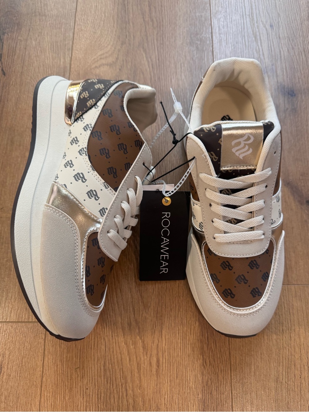 Rocawear platform sneakers monogram chunky tan brown white faux leather